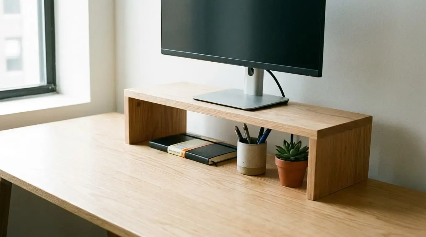 A wooden monitor riser on a desk holding a computer screen.