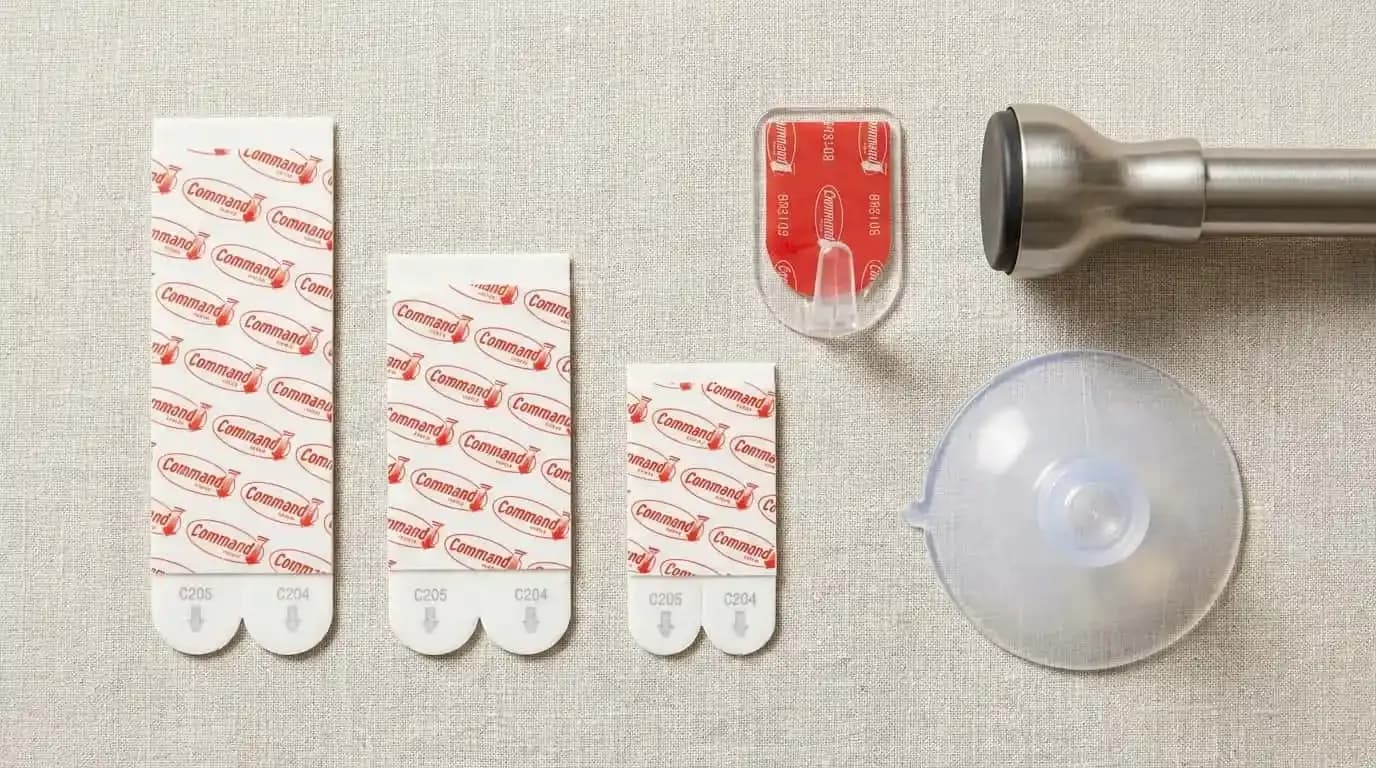 Flat-lay view of varied sizes of adhesive strips, a hook, and a suction cup.