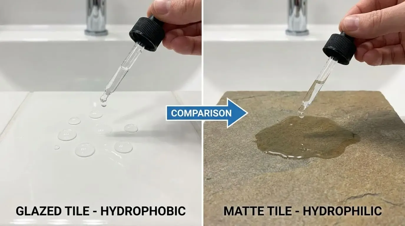 A side-by-side comparison of water on glossy white tile versus absorbent matte stone tile.