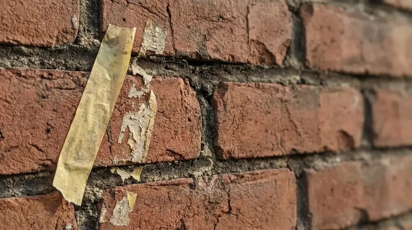 Close-up of peeling, old masking tape on a rough red brick wall.