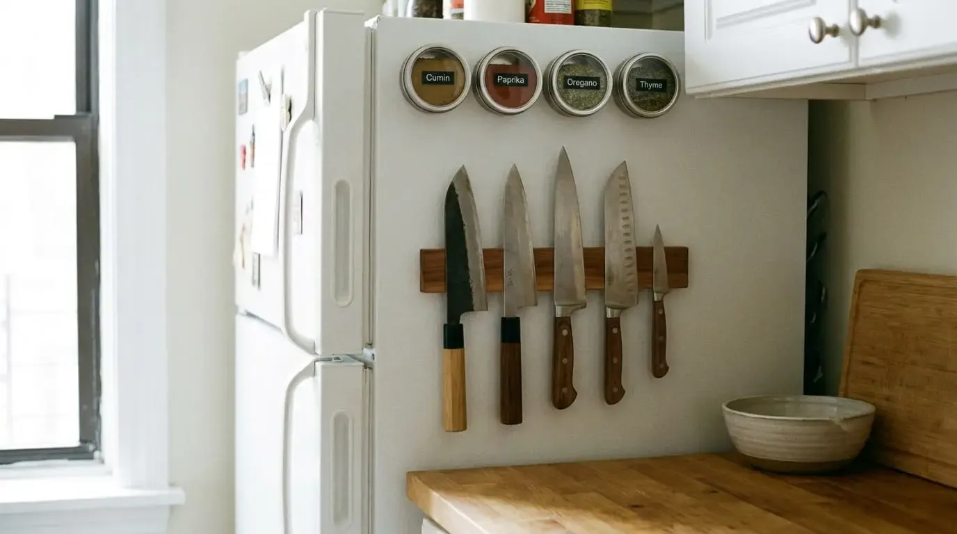 Magnetic knife strip with spice jars on wall next to fridge in small rental kitchen