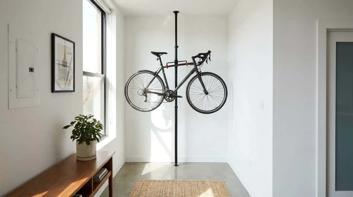 Tension pole bike mount with road bike hanging in clean apartment