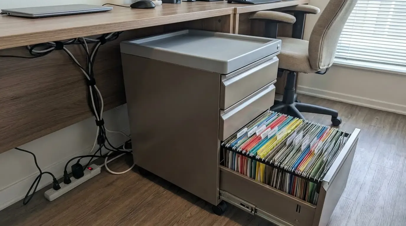 A rolling metal filing cabinet with colorful hanging folders under a desk.