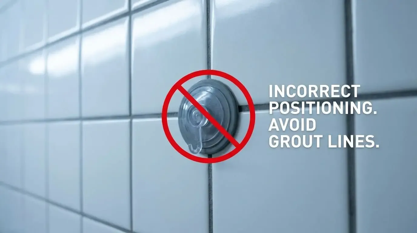 A suction cup mounted incorrectly across a tile grout line under a red cross sign.