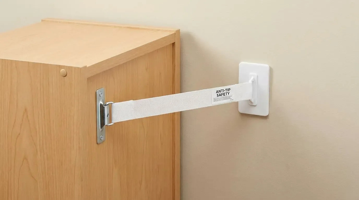 An anti-tip safety strap anchoring a wooden cabinet to a white wall.