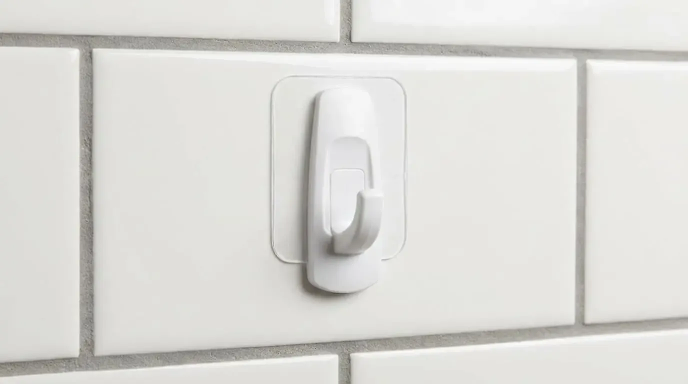 A large white plastic adhesive hook mounted cleanly on white subway tiles.