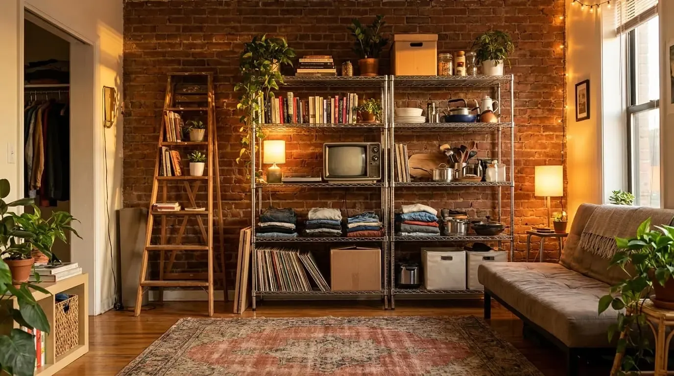 A cozy loft living room featuring metal wire shelving units against an exposed brick wall.