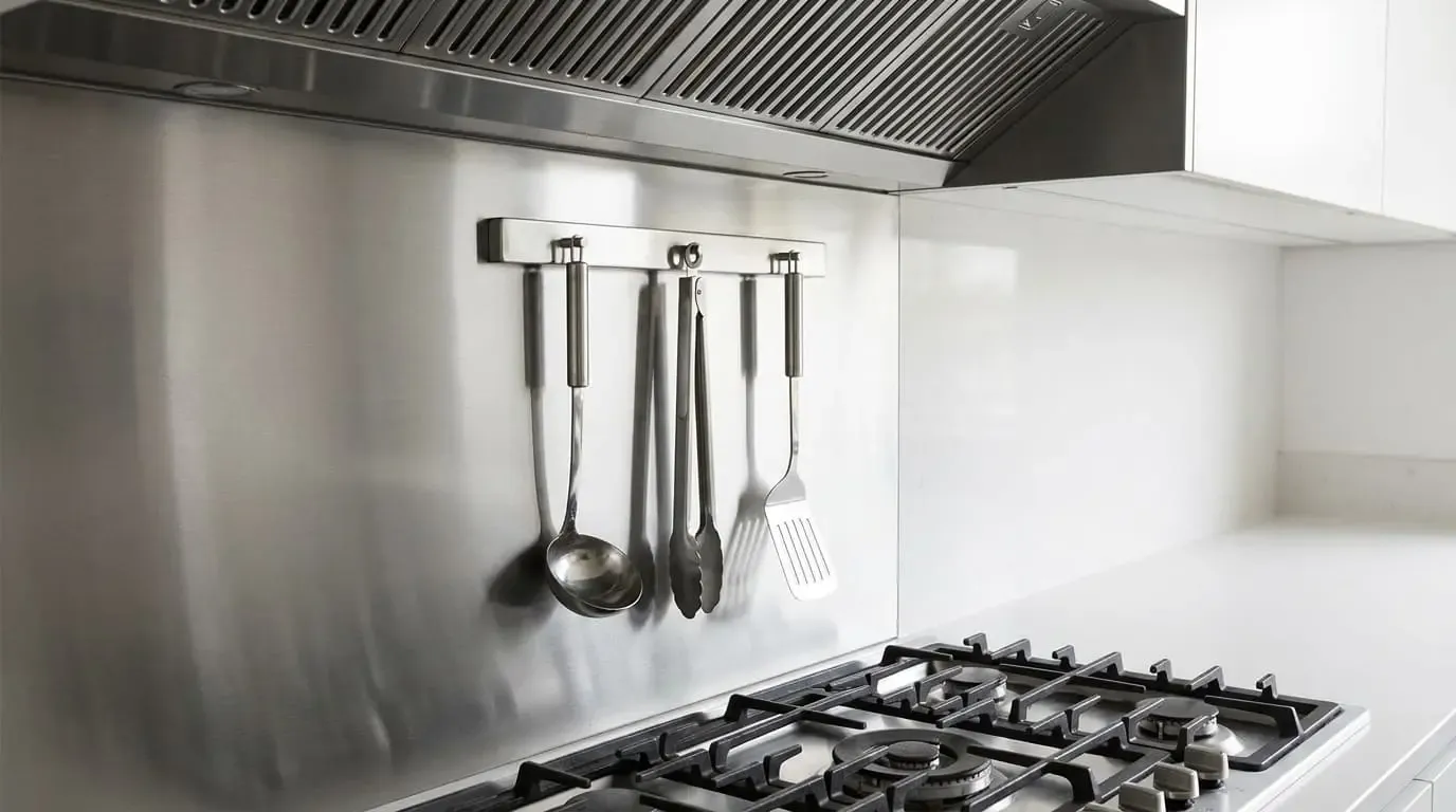 Stainless steel kitchen backsplash with hanging utensil rail above gas stove