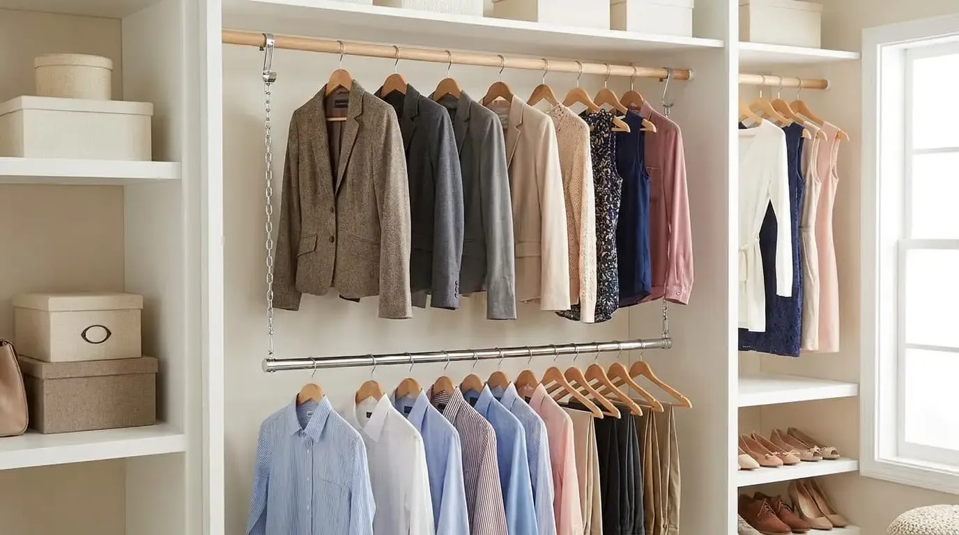 Double hanging rod in closet with blazers and shirts on wooden hangers