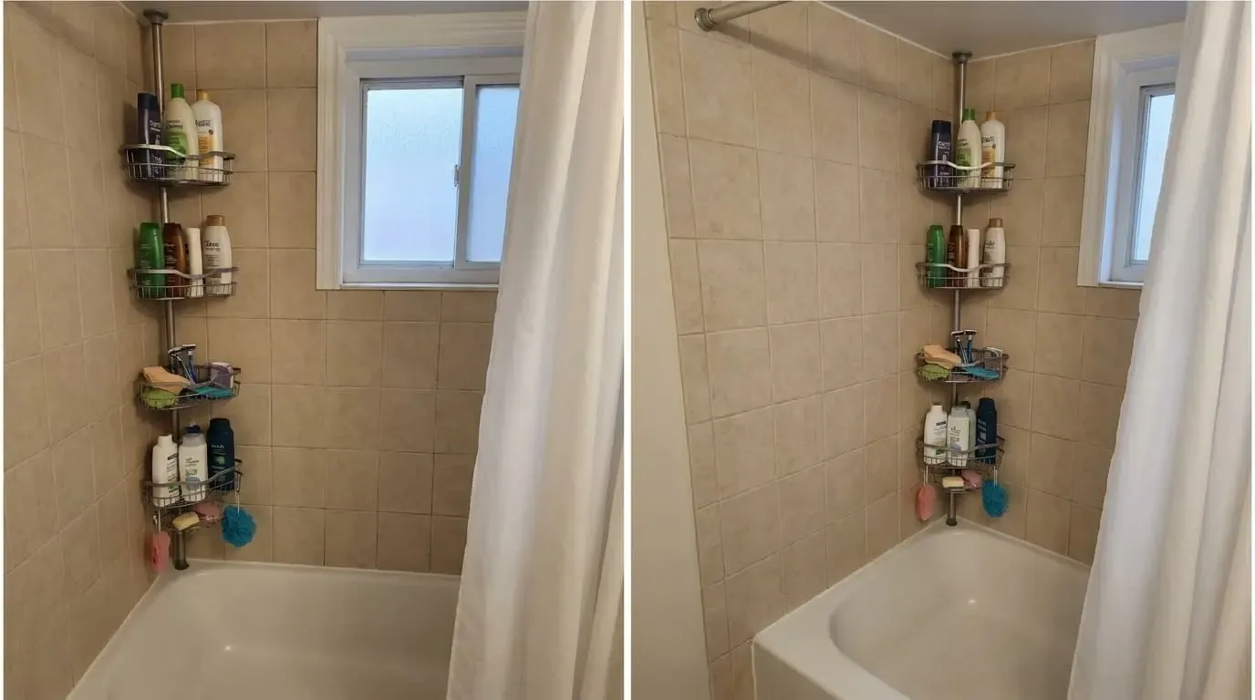 Side-by-side views of a tall metal tension-rod corner caddy holding bottles in a shower stall.