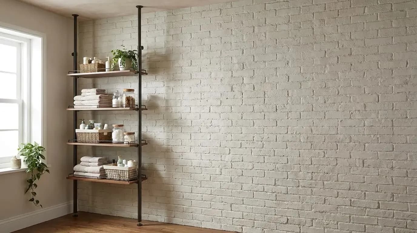 A floor-to-ceiling metal tension rod storage shelf standing against a white brick wall.