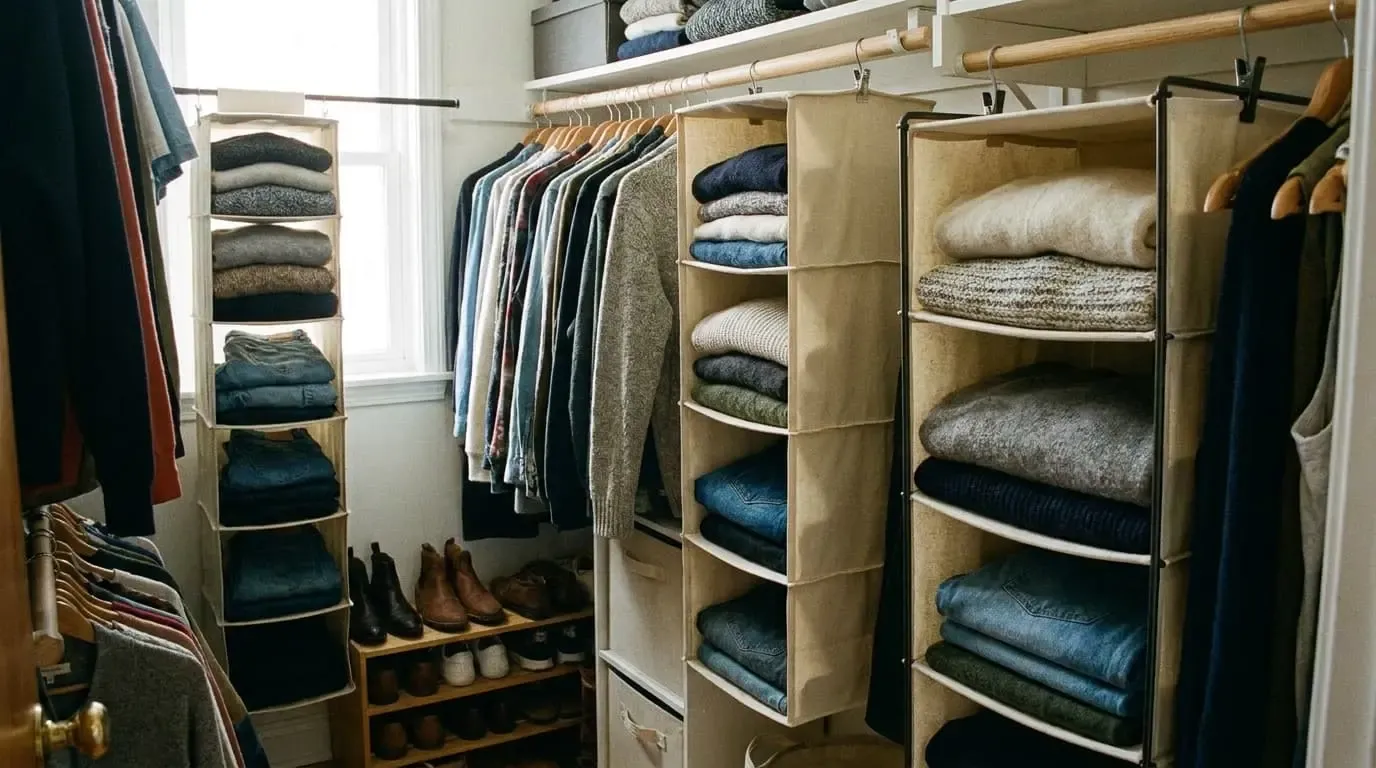 Small rental closet with clothes on rod and folded items on shelf above