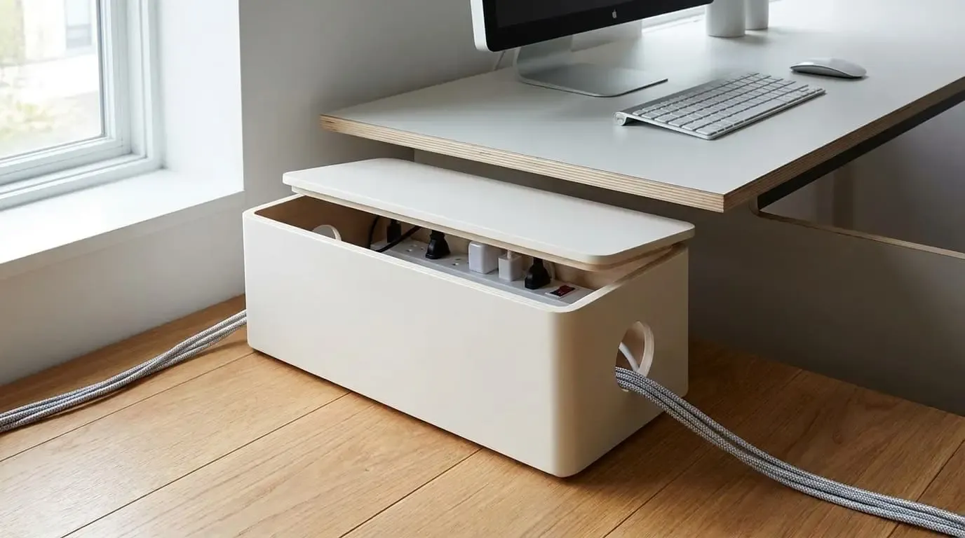 A white cable management box hiding cords next to a minimalist desk.