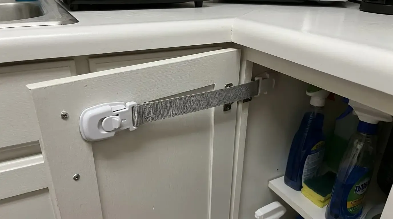 A gray childproof safety strap latching an open under-sink cabinet door.