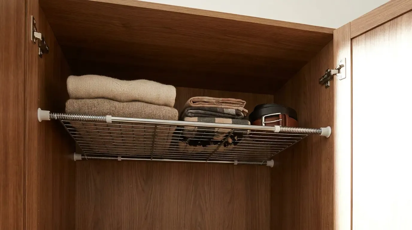 Tension shelf installed inside a wardrobe holding folded sweaters and accessories without drilling