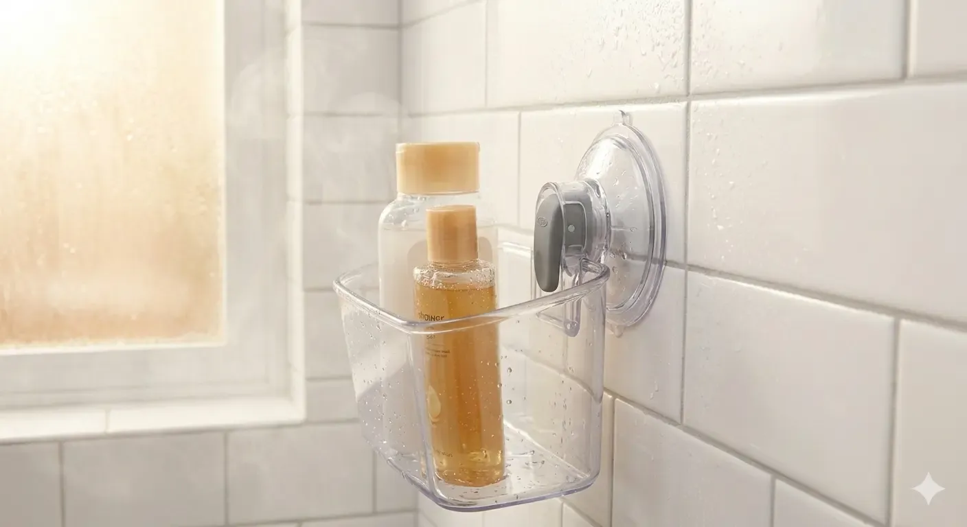 Clear plastic suction caddy with a gray lever on wet white tile.