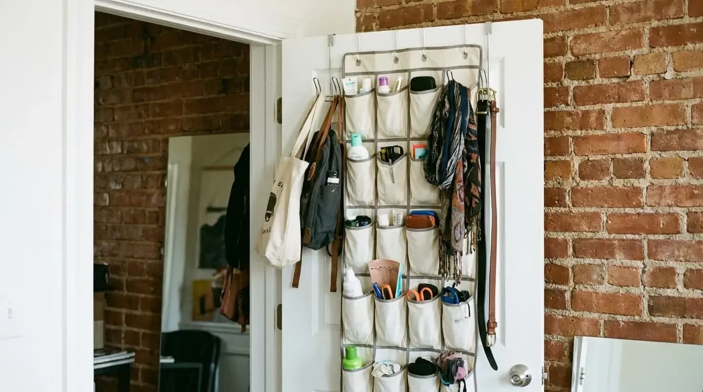 An over-the-door fabric pocket organizer hanging on a white door in front of a brick wall.