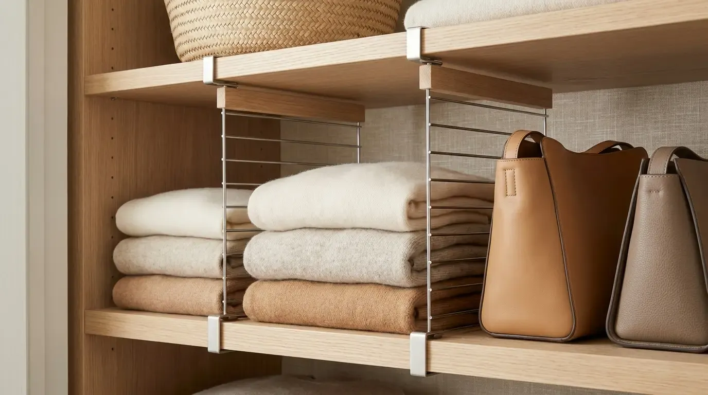 Shelf dividers clipped onto wood closet shelf separating folded sweaters and handbags