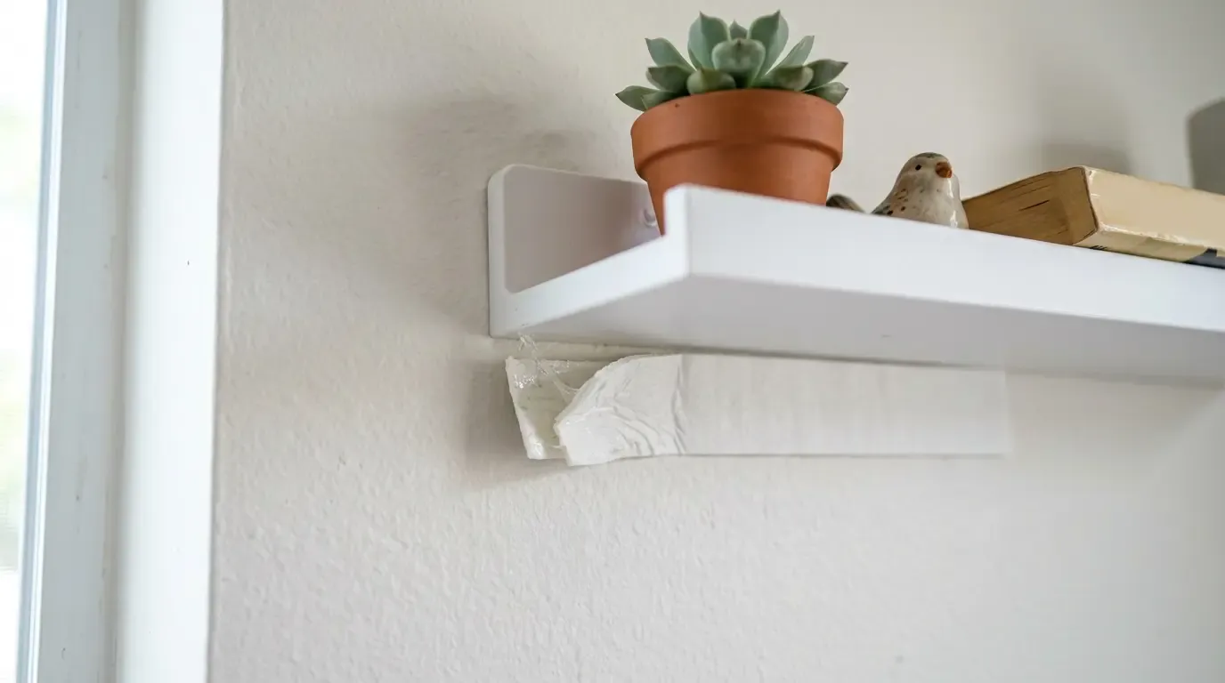 Clear acrylic wall shelf holding a succulent and a sandalwood and bergamot candle by a window.