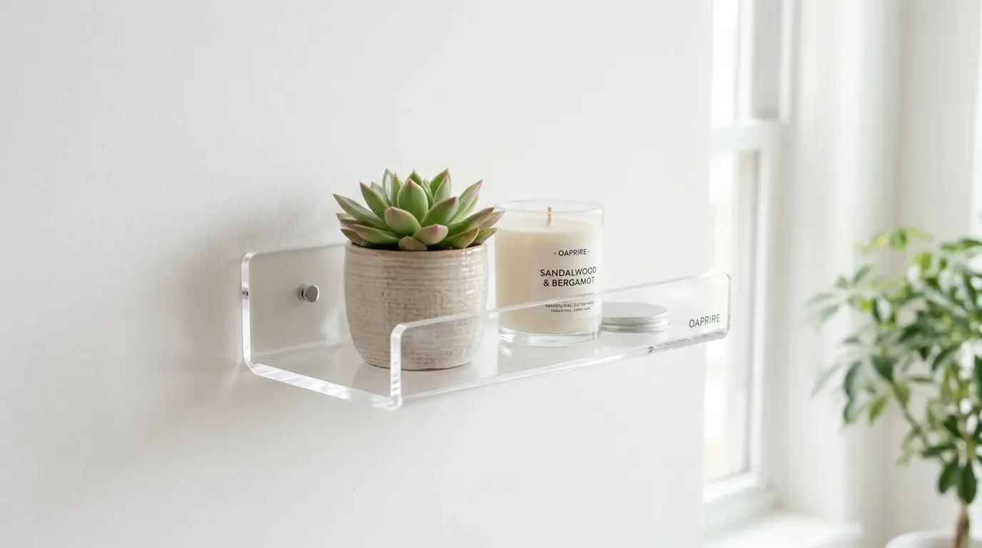 Clear acrylic wall shelf holding a succulent and a sandalwood and bergamot candle by a window.