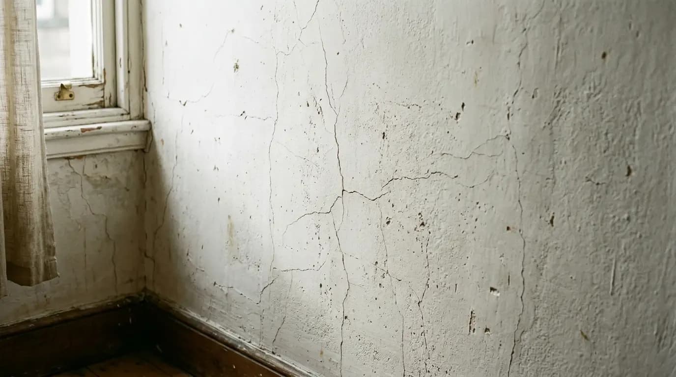 Old plaster wall with visible cracks and peeling paint near a window.