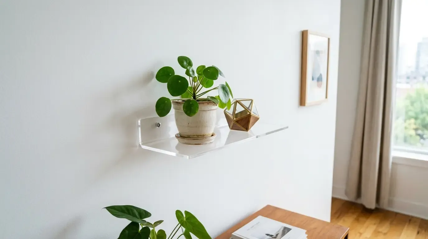Clear acrylic floating shelf with a Chinese money plant and geometric decor by a bright window.