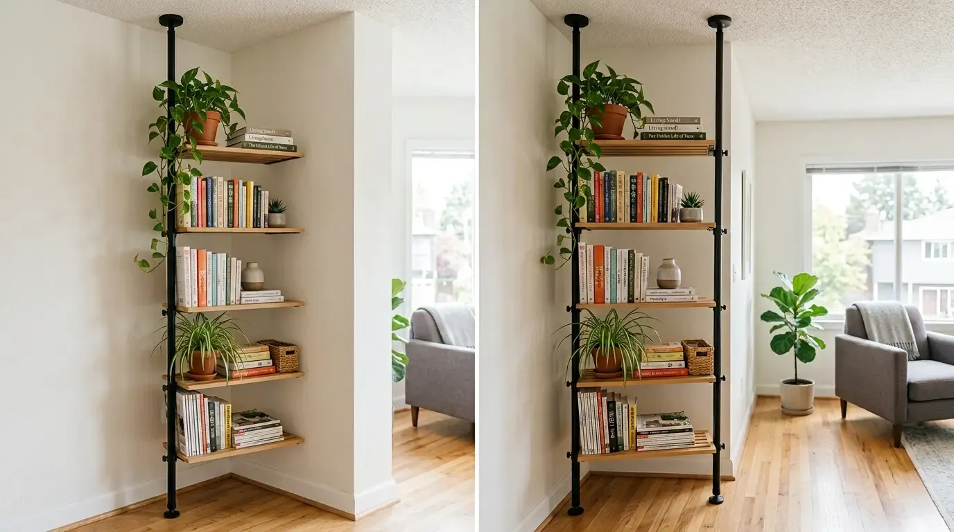 Two views of a floor-to-ceiling tension pole bookshelf with plants and books in a living room corner.