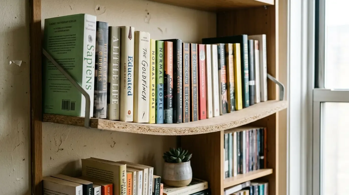 Close-up of a sagging bookshelf overloaded with books, bowing under the weight.