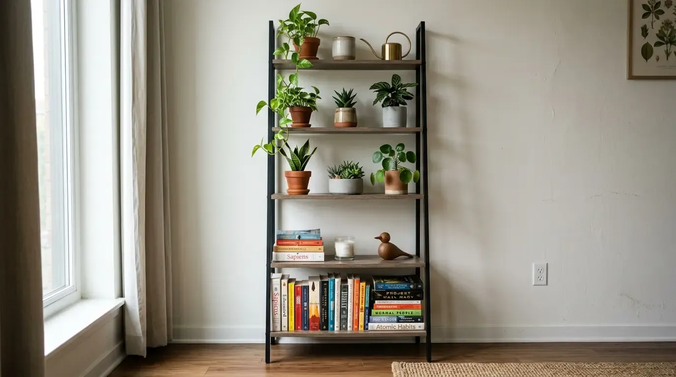 Ladder-style shelving unit with plants on top shelves and books below, near a sunny window.
