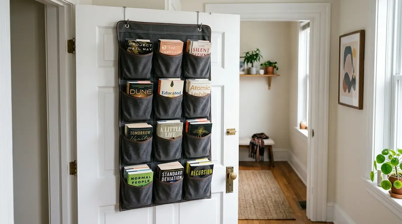 Over-the-door fabric pocket organizer storing books, hung on a white bedroom door.