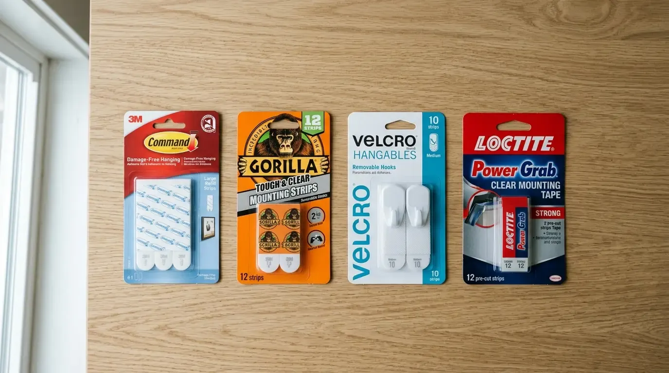Four mounting strip packages Command, Gorilla, Velcro, and Loctite arranged side by side on a wood surface.