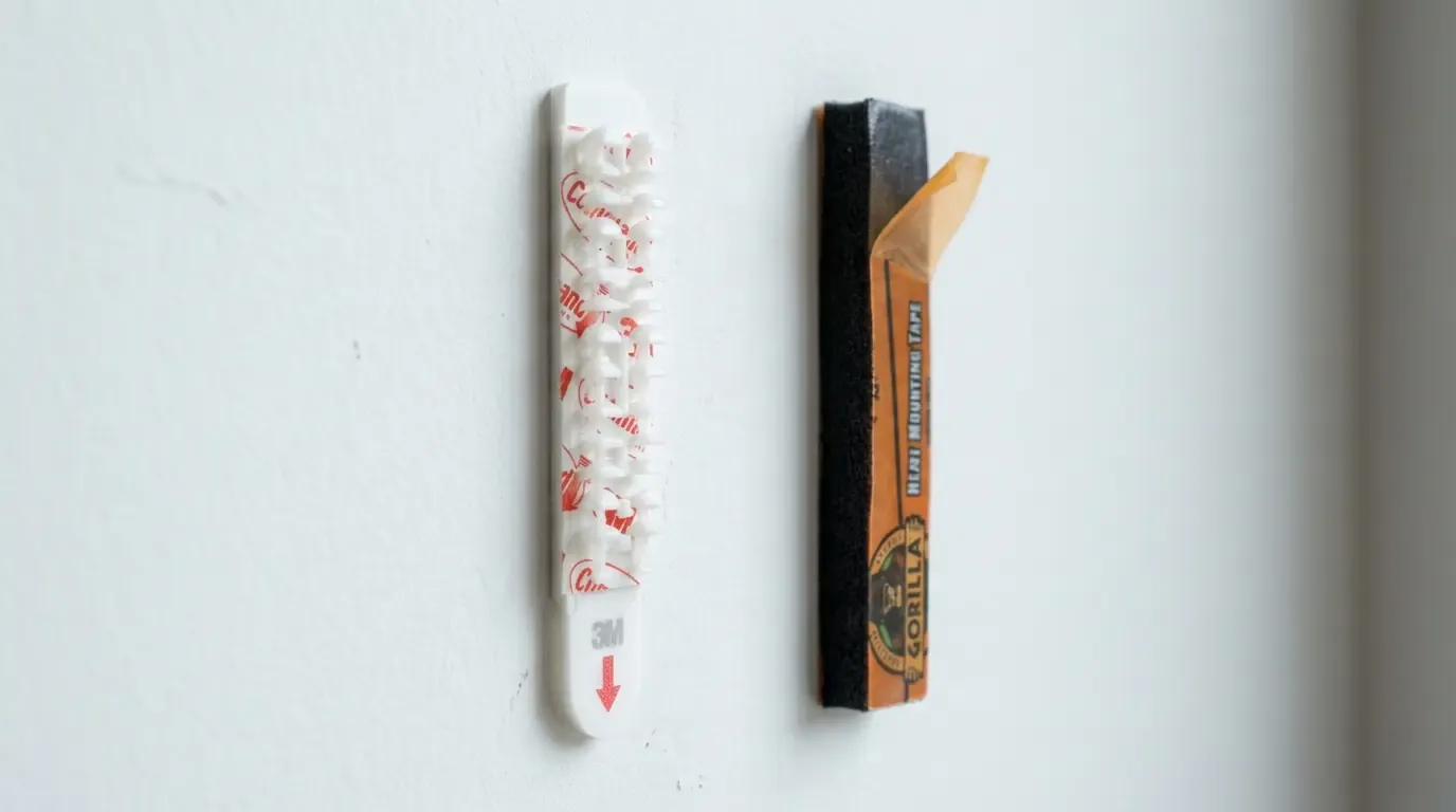 3M Command and Gorilla mounting strips compared side by side on a wall, adhesive exposed.