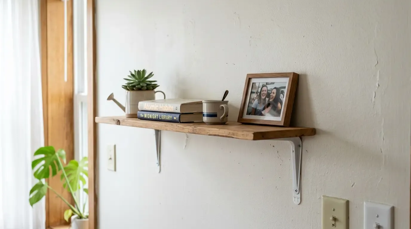 Bracket-mounted wooden shelf holding books, a succulent, and a framed photo near a window.