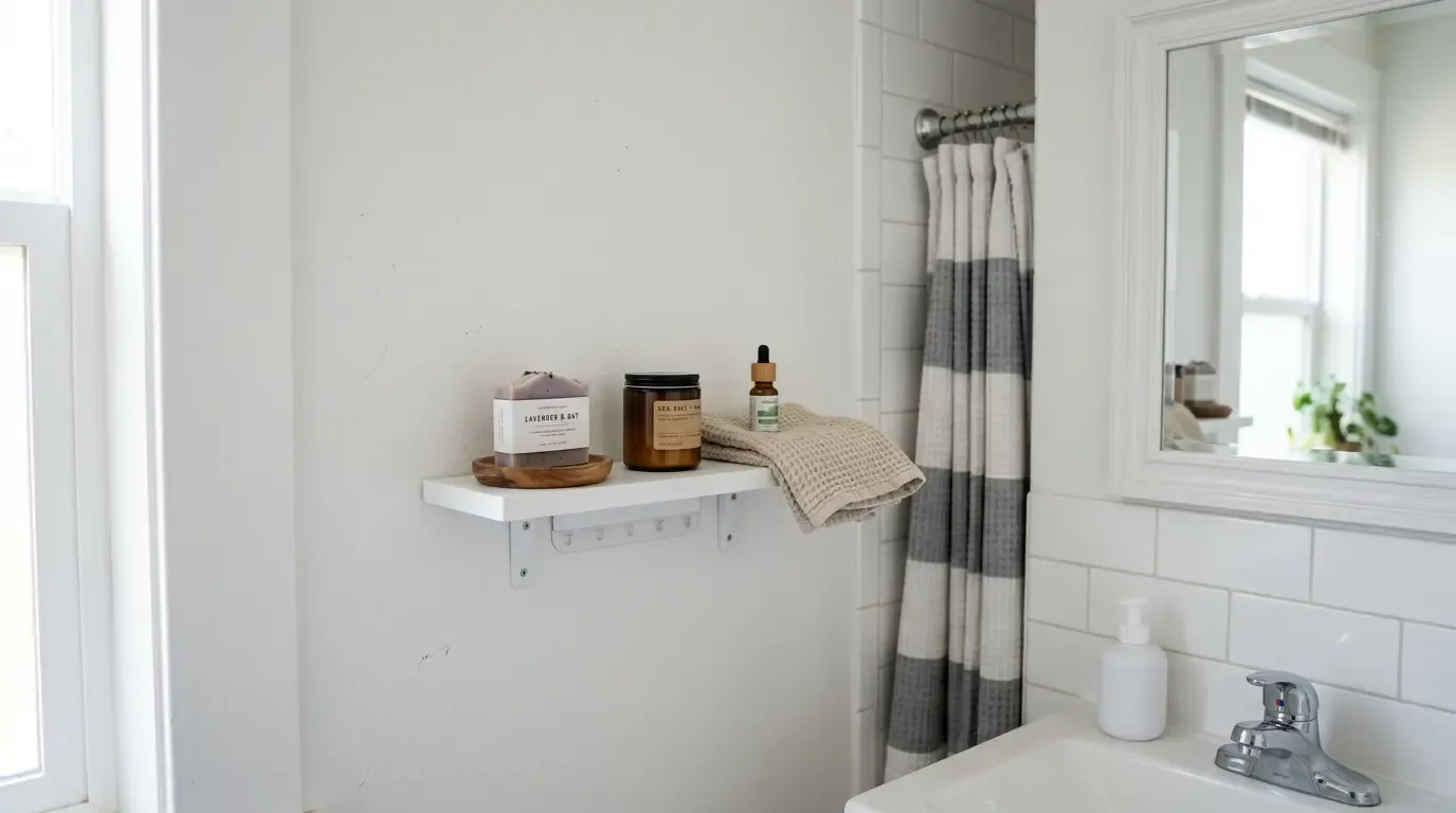 White bracket shelf in a bathroom holding soap, a candle, and a towel near the shower and sink.