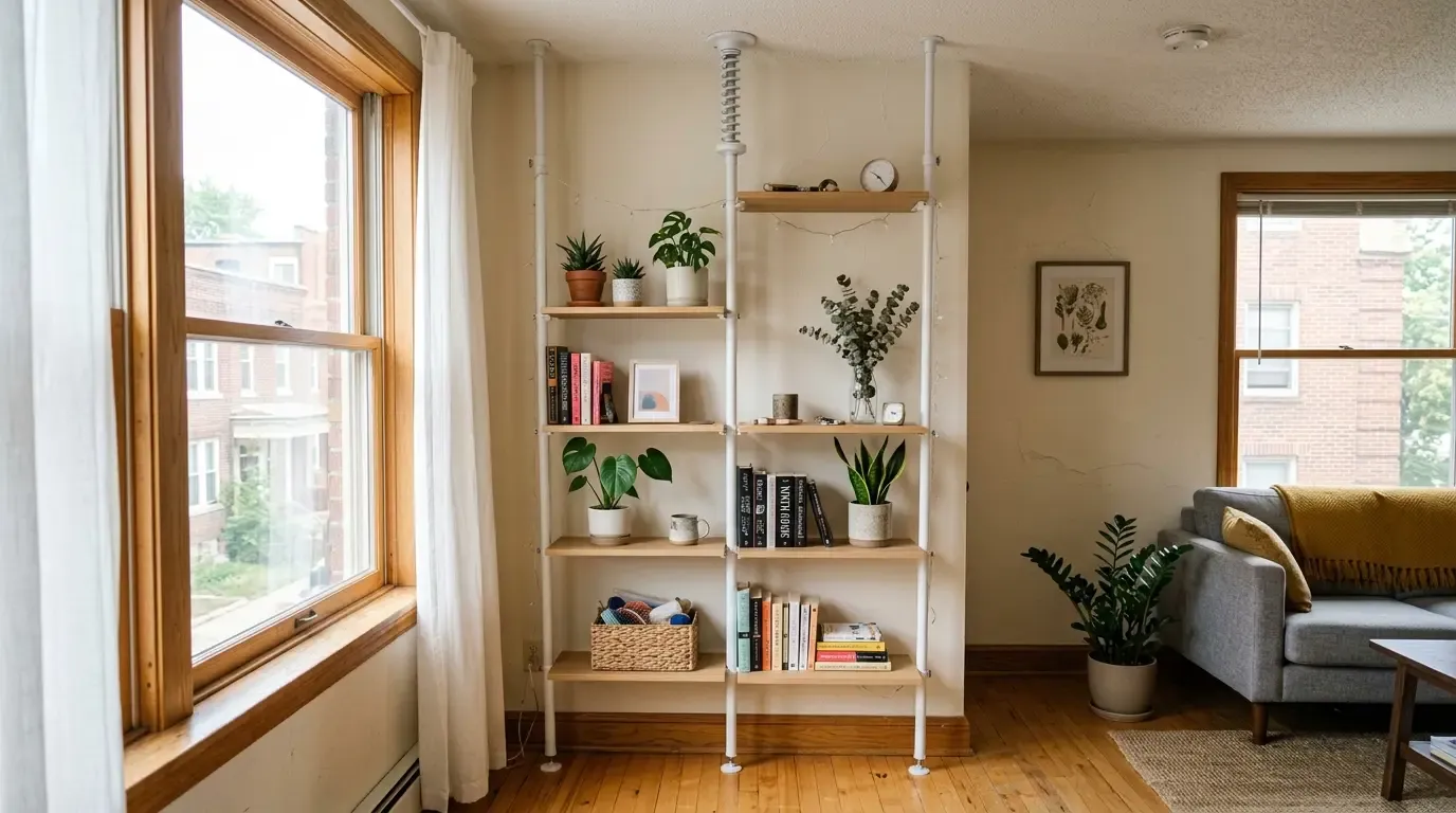 White tension pole shelving unit styled with books, plants, and decor beside a sunny window.