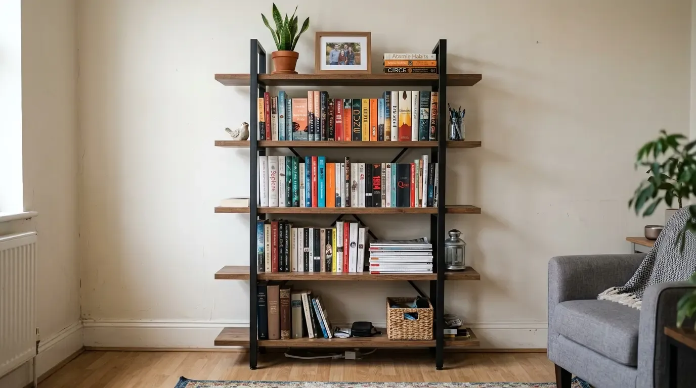 Industrial-style bookshelf with colorful books, a framed photo, and a plant beside a gray armchair.