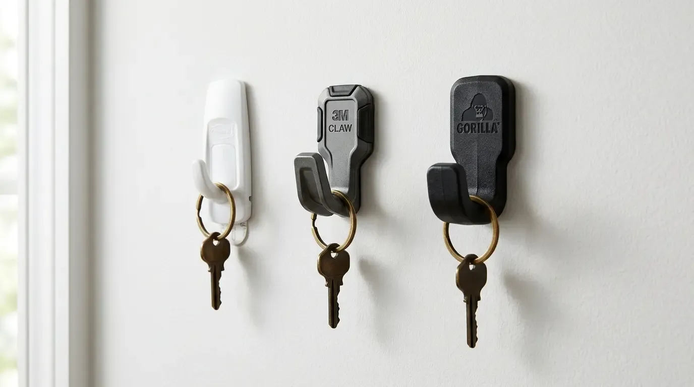 Three adhesive wall hooks white, 3M Claw, and Gorilla each holding a key ring.