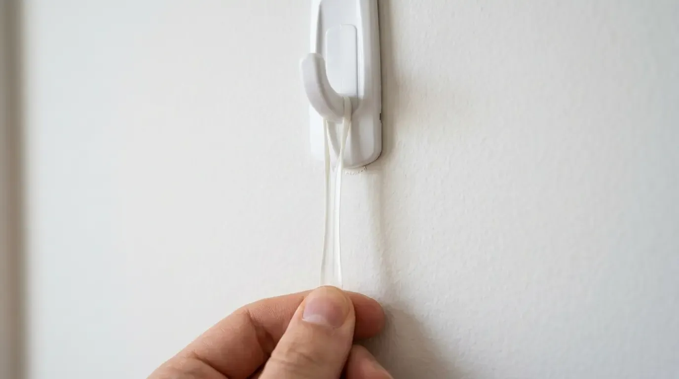 Hand pulling the stretch-release tab to remove a white adhesive hook from the wall.