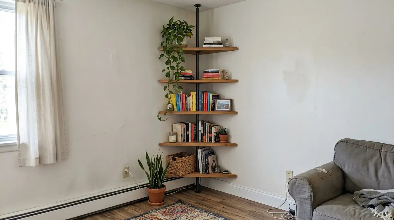 Corner tension pole shelf fanned across the wall angle, holding books, plants, and decor.