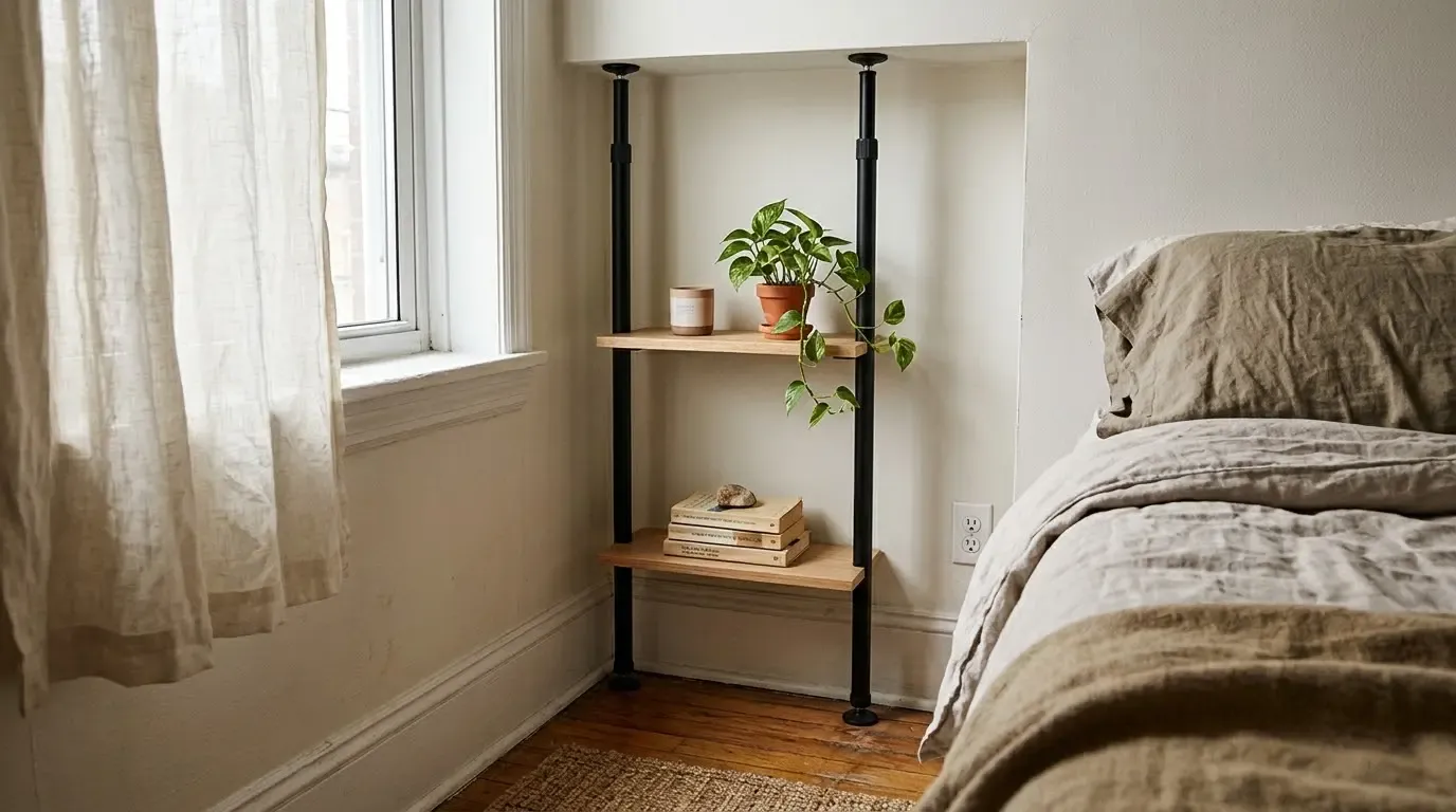 Tension pole shelf fitted into a bedroom alcove beside the bed, holding a candle, plant, and books.