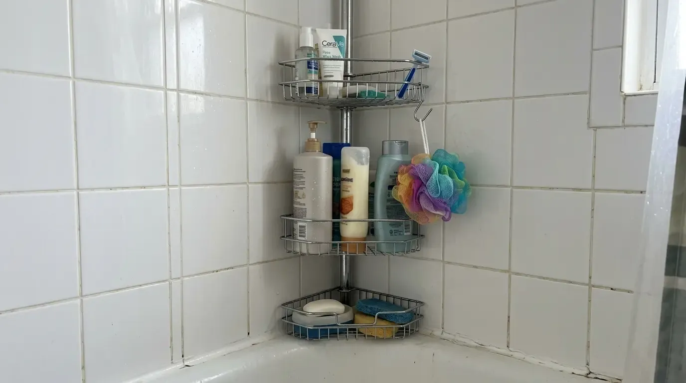 Tension pole corner shower caddy holding soap, shampoo bottles, a loofah, and a razor.
